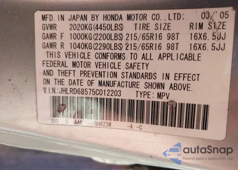 2005 Honda Cr-V Lx z USA, uszkodzony, nr VIN JHLRD68575C012203